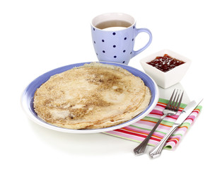 Stack of tasty pancakes isolated on white