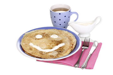 Stack of tasty pancakes isolated on white