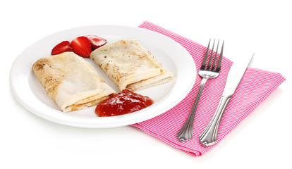 Stack of tasty pancakes isolated on white