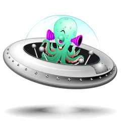 Tableaux ronds sur aluminium brossé Cosmos Astronave con Alieno Cartoon Spaceship avec Funny Alien-Vector