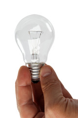 Arm holding light bulb isolated on white