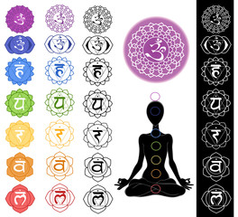 Man silhouette in yoga position with the symbols of seven chakra