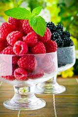 Sweet fresh fruits in glass goblet with mint leaf