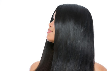 Beauty portrait of asian brunette woman healthy long straight ha