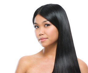 Fototapeta premium Beauty portrait of asian brunette girl smooth long straight hair