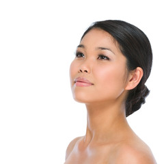 Beauty portrait of healthy asian brunette woman isolated on whit