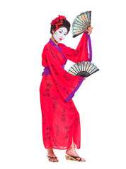Full length portrait of geisha dancing with fans isolated on whi