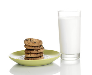 Glass of milk and cookies isolated on white