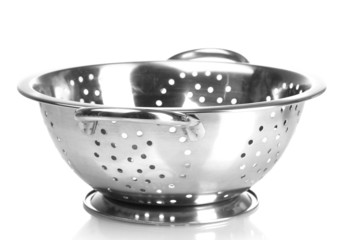 empty silver colander isolated on white