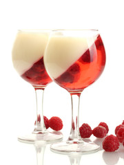 fruit jelly with raspberries in glasses isolated on white