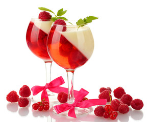 fruit jelly in glasses with raspberries isolated on white