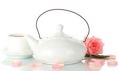 teapot and cup of tea with rose isolated on white