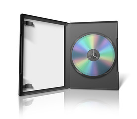 Box for DVD with a disk on white background.