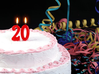 Birthday cake with red candles showing Nr. 20