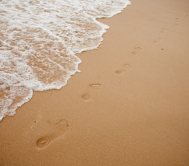 Fototapeta na wymiar Footprints on sand of sea beach
