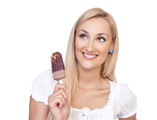 Happy woman eating ice cream,isolated on white