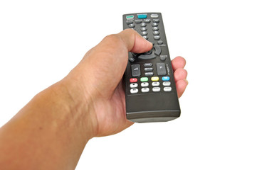 man's hand holding remote control isolated on white