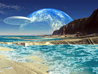 Fototapeta premium Flying Saucer Ship over Alien Shoreline
