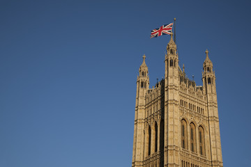Houses of Parliament and Union Jack Flag, London, England, UK