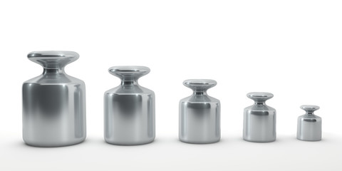 Row of calibration weights isolated on white.