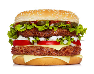 Big hamburger isolated on white - obrazy, fototapety, plakaty