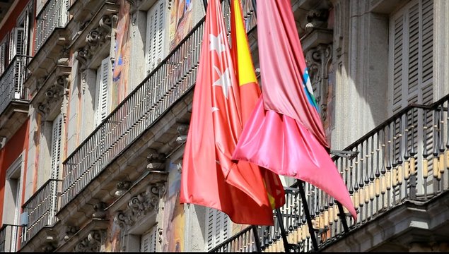 Detail of a decorated facade at the Palza Mayor, Madrid, Spain.