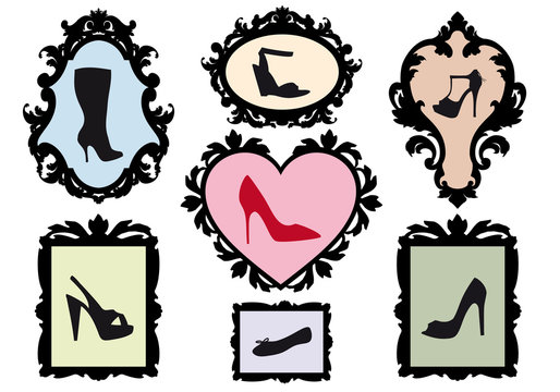 shoe silhouettes in antique frames, vector set