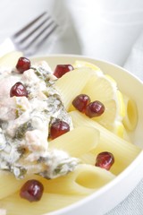 penne with salmon, spinach and pomegranate