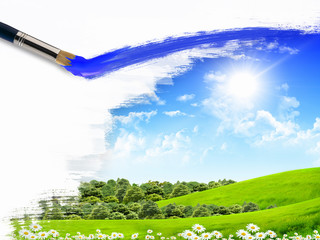 Paint brushes and landscape image