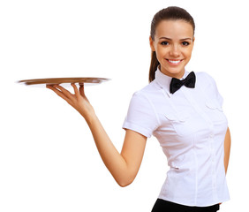 Young waitress in a white blouse - obrazy, fototapety, plakaty