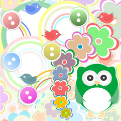 Template greeting card with owl bird and flowers, scrap