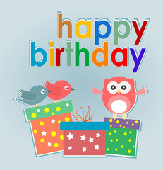 cute owl, birds and gift boxes - happy birthday card