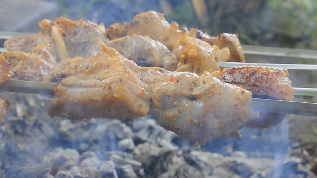 Shashlik cooking over an open fire