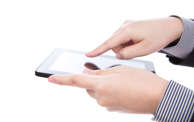 Business man using a touch screen device against white backgroun