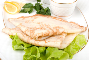 Tasty pancakes with sauce, breakfast