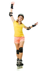 beautiful young woman on roller skates - obrazy, fototapety, plakaty