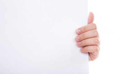 Woman hand holding white empty paper isolated on white backgroun