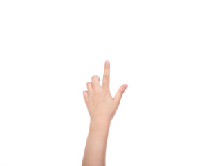 Obraz premium Woman hand touching virtual screen isolated on white background