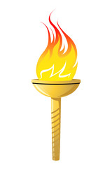A golden flaming torch burning against white background
