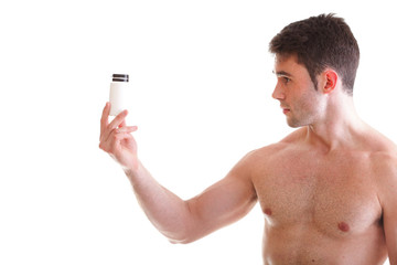 holding a boxes with supplements on his biceps