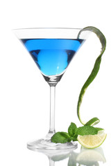Blue cocktail in martini glass isolated on white