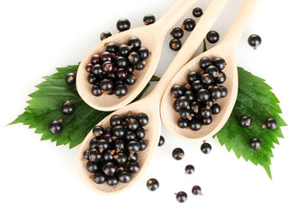 Fresh black in wooden spoons on white background close-up