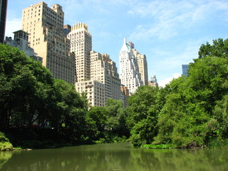 Fototapeta premium Skyscrapers of Manhattan from Central Park with Lake and Trees i