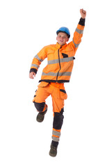 Happy builder in working clothes raising  hand up