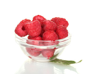 Fresh raspberries in bowl isolated on white