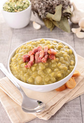 bowl of split pea soup and bacon