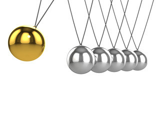 3d Newtons cradle gold ball hits silver