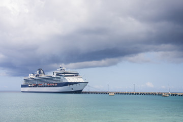 Blue and White Cruise Ship on Green Water Under Clouds