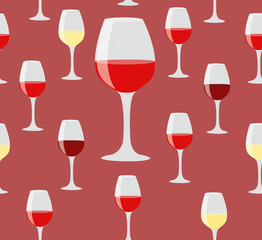 Elegant seamless of glasses of red and white wine on red backgro