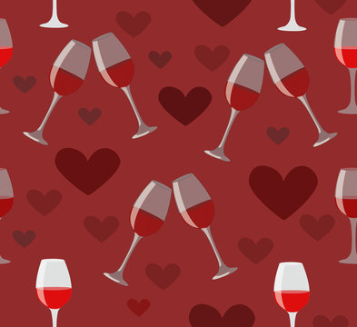 Glasses of wine and hearts seamless illustration on love dark re